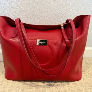 Authentic Salvatore Ferragamo Red Soft Leather Large Tote Bag